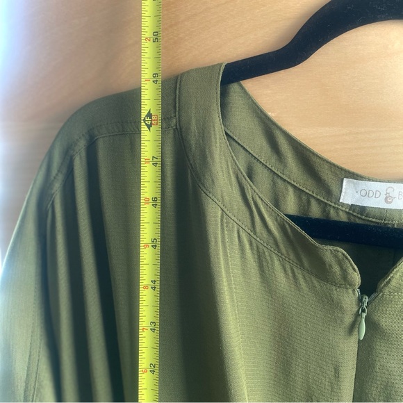 ODDBIRD | S | Olive Ruya Reya Tunic Flowy Short Sleeve Zip Neck Tie Dress - Picture 7 of 15